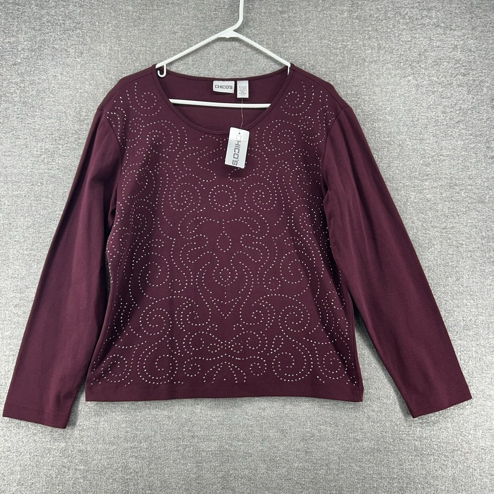 Chicos Long‎ Sleeve Top Women Size 2 Burgundy Casual NEW